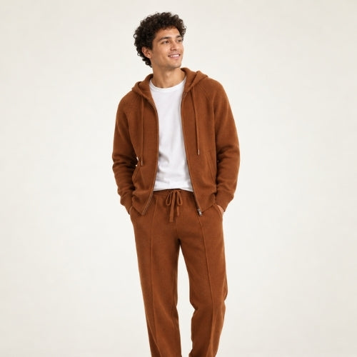Darel — Dark Caramel Hooded Zip-Up Cashmere Set | The Cashmere Studio