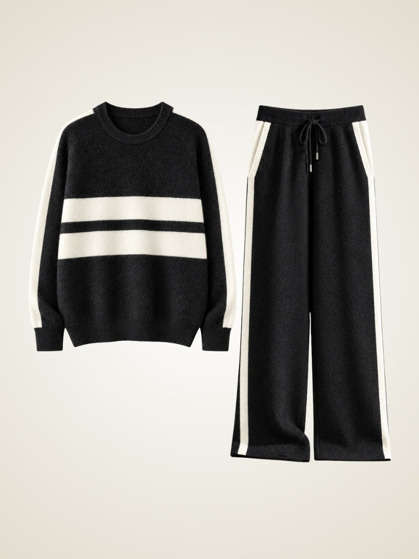 Darien — Black Side-Stripe Cashmere Set Flat Lay | The Cashmere Studio