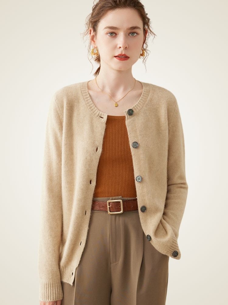Clotilde - Dark Beige Brushed Cashmere Cardigan | The Cashmere Studio