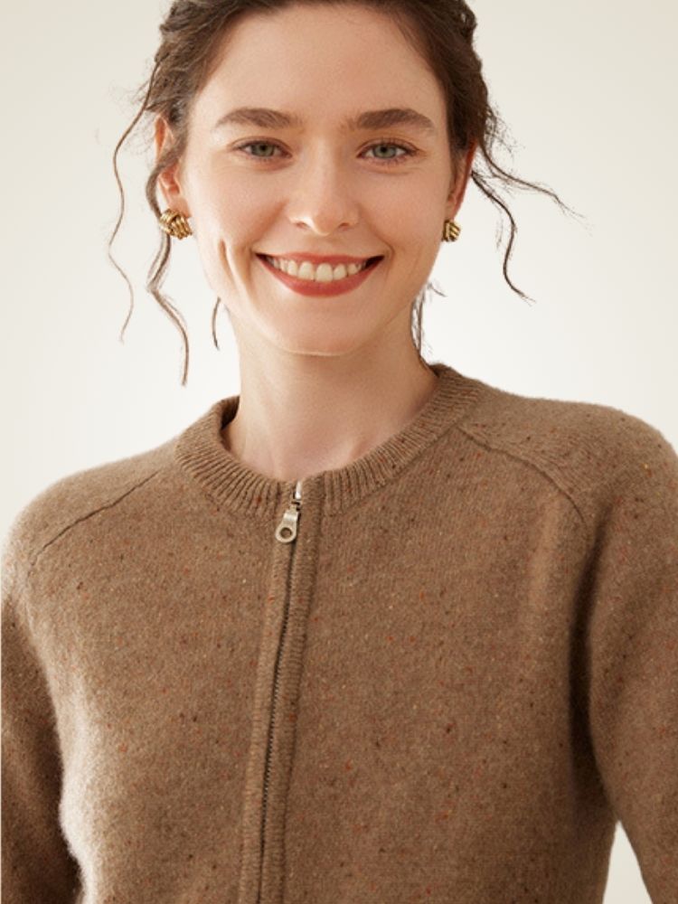 Univa - Dark Beige Heather Zip-Up Cashmere Cardigan | The Cashmere Studio