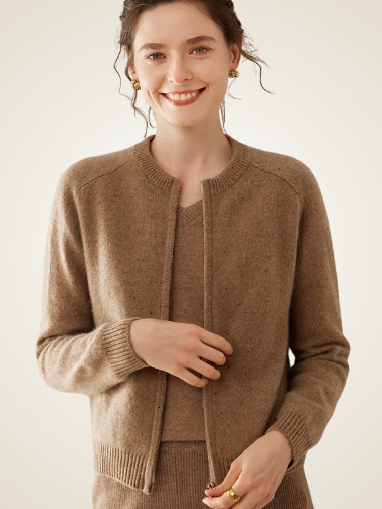 Univa - Dark Beige Heather Zip-Up Cashmere Cardigan | The Cashmere Studio