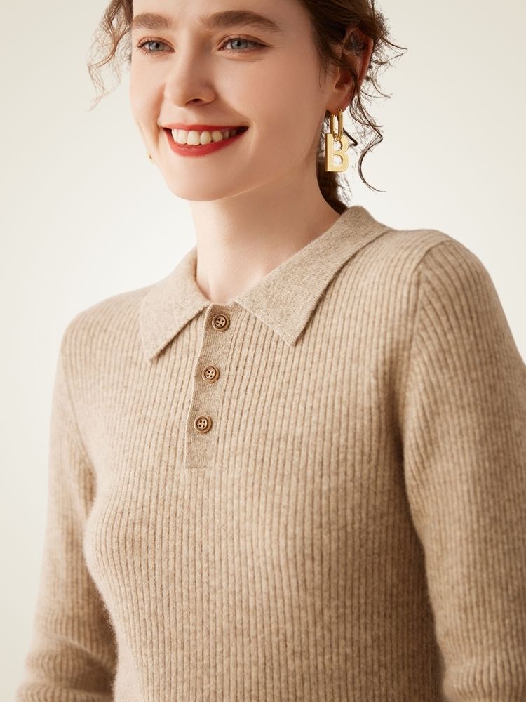 Naeria - Dark Beige Cashmere Polo Sweater | The Cashmere Studio
