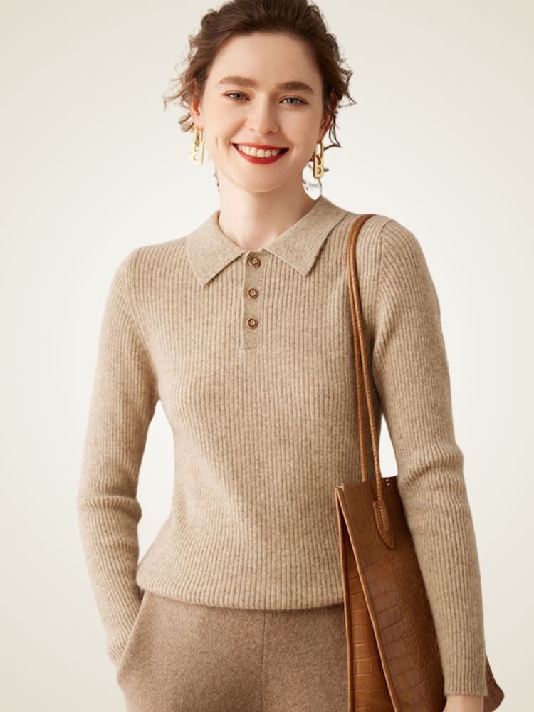 Naeria - Dark Beige Cashmere Polo Sweater | The Cashmere Studio