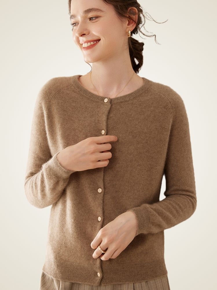 Dana - Dark Camel Classic Pure Cashmere Cardigan | The Cashmere Studio