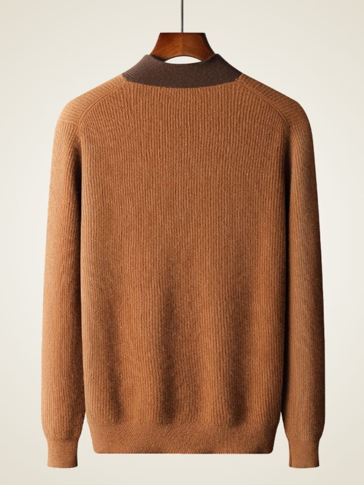 Kade - Dark Camel V-Neck Shawl Collar Cashmere Sweater | The Cashmere Studio