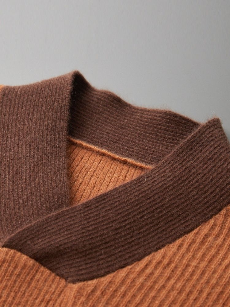 Kade - Dark Camel V-Neck Shawl Collar Cashmere Sweater | The Cashmere Studio