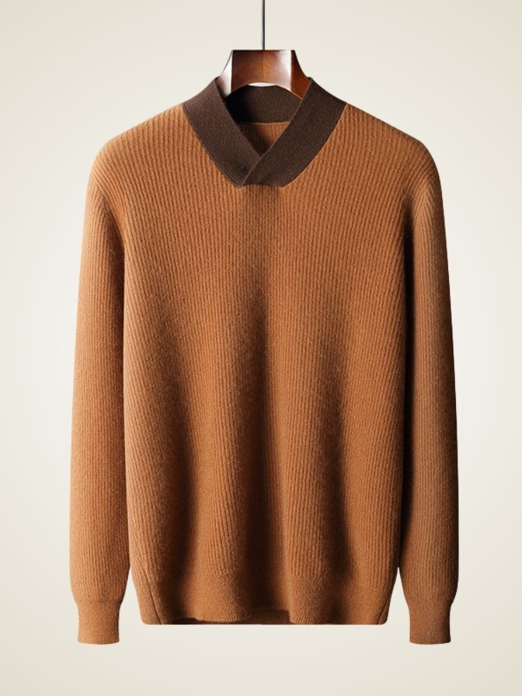 Kade - Dark Camel V-Neck Shawl Collar Cashmere Sweater | The Cashmere Studio