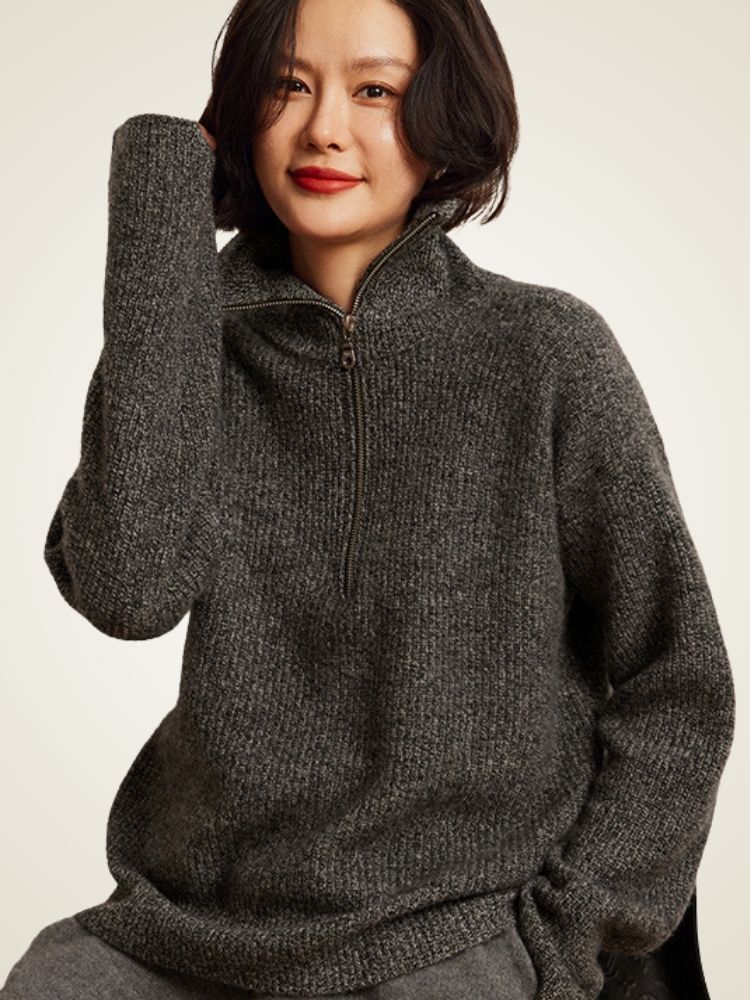 Reina - Dark Gray Half-Zip Cashmere Sweater | The Cashmere Studio