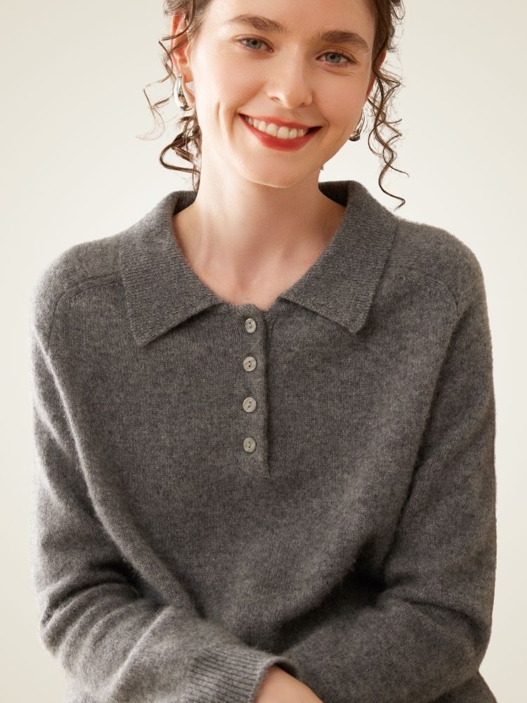 Estelara - Dark Gray Cashmere Polo Sweater |  The Cashmere Studio