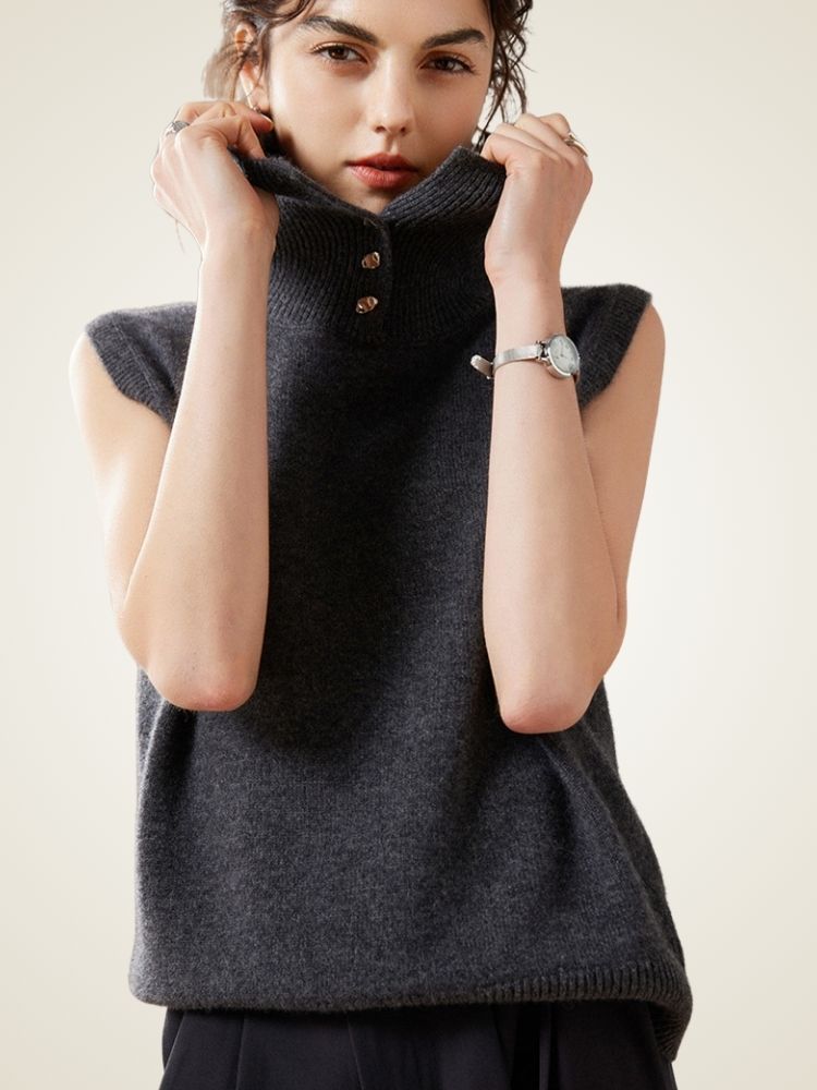 Isela - Dark Gray Cashmere Collared Vest | The Cashmere Studio