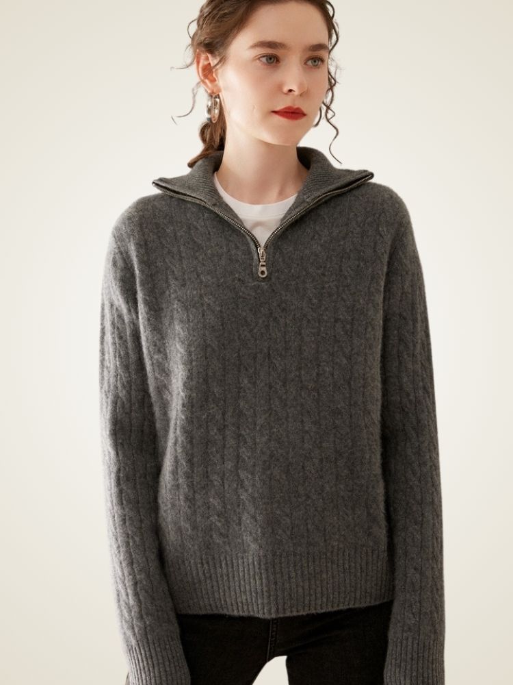 Milana - Dark Gray Half-Zip Cashmere Sweater | The Cashmere Studio