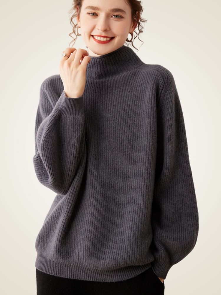 Olympia - Dark Gray Ribbed Cashmere Turtleneck Sweater | The Cashmere Studio