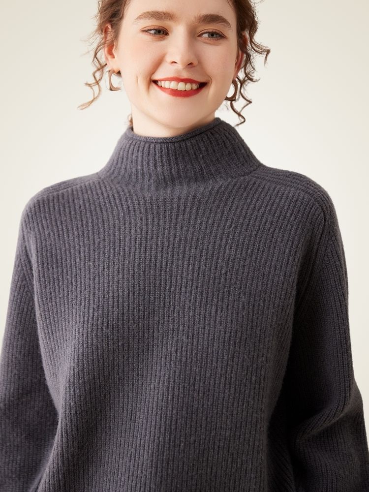 Olympia - Dark Gray Ribbed Cashmere Turtleneck Sweater | The Cashmere Studio