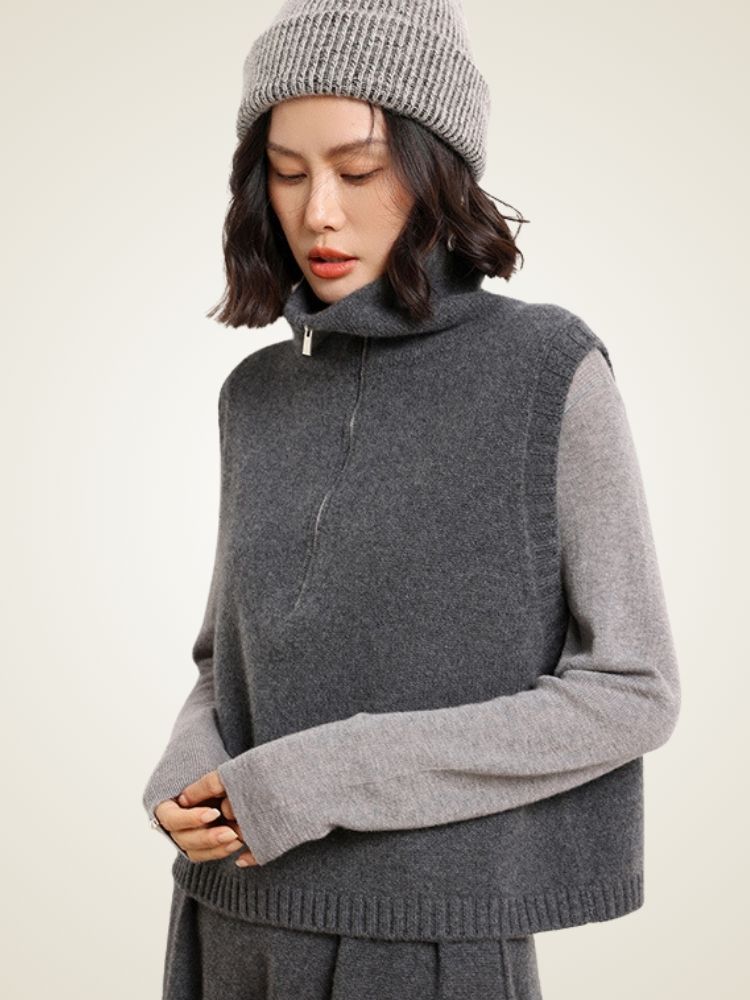 Adara - Dark Gray Half-Zip Cashmere Vest | The Cashmere Studio