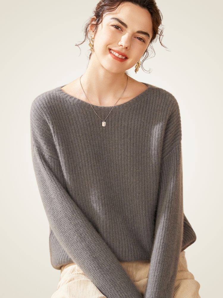 Elowith - Dark Gray Ribbed Cashmere Sweater | The Cashmere Studio