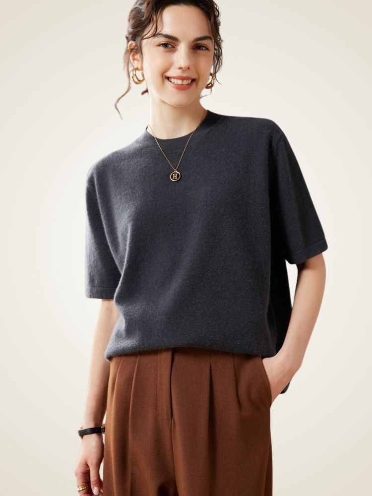 Jisel - Dark Gray Short-Sleeve Cashmere Top | The Cashmere Studio