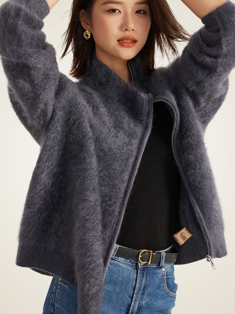 Donna - Dark Gray Orange Zip-Up Cashmere Sweater | The Cashmere Studio