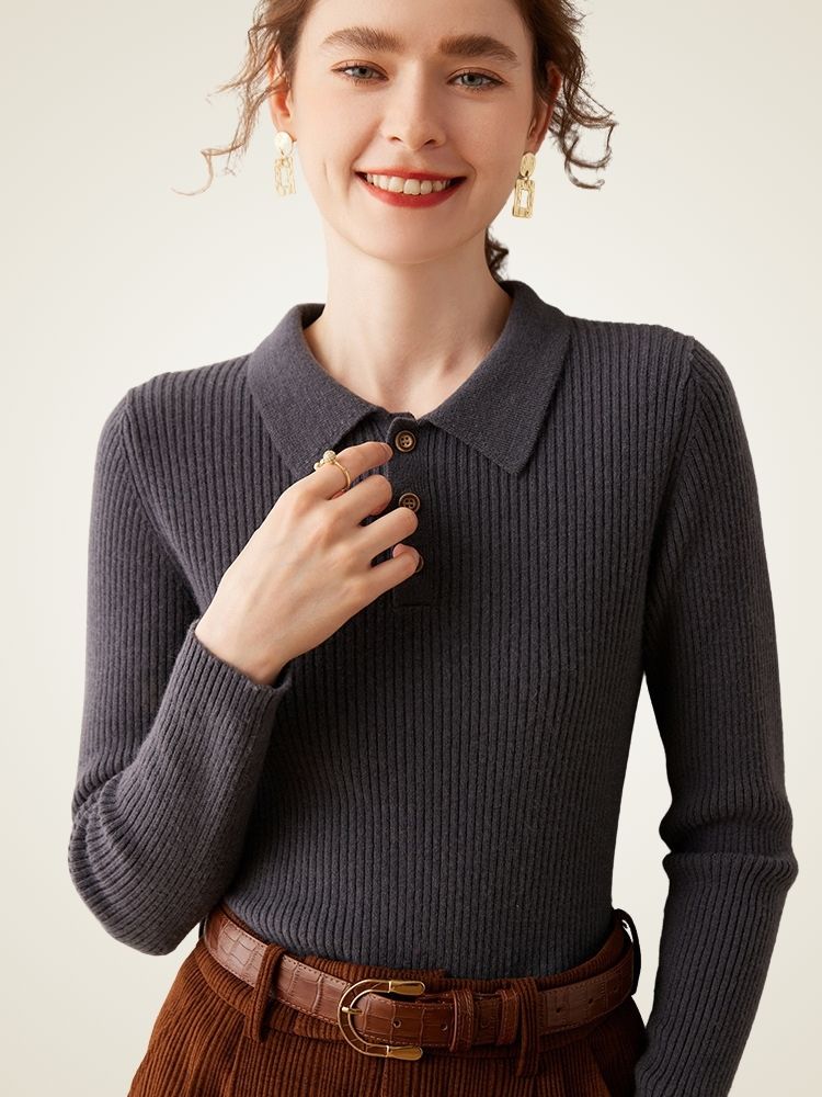Naeria - Dark Gray Cashmere Polo Sweater | The Cashmere Studio