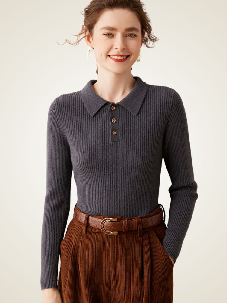 Naeria - Dark Gray Cashmere Polo Sweater | The Cashmere Studio