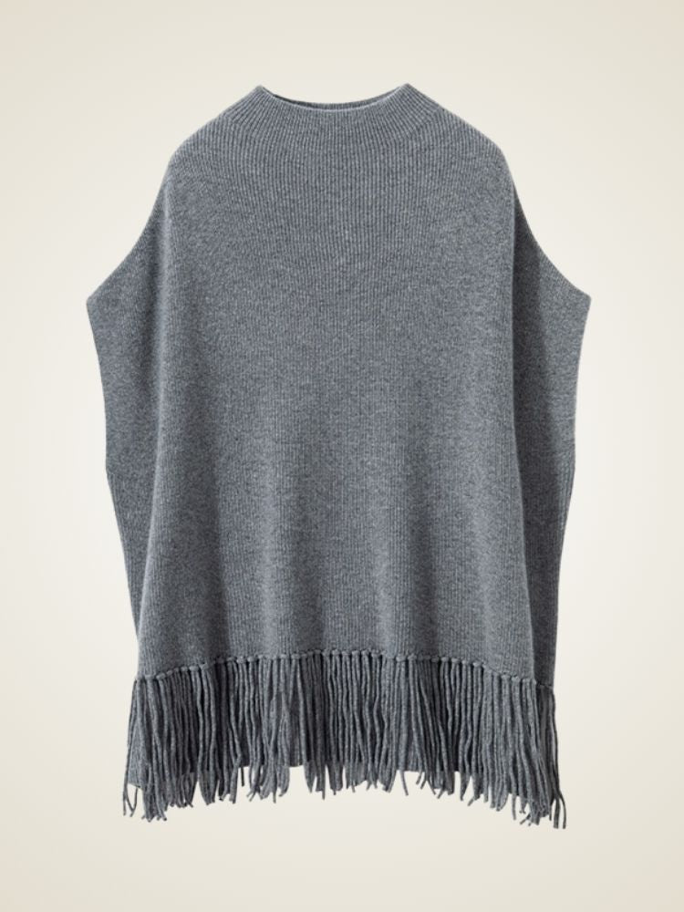 Lianne - Dark Gray Cashmere Poncho with Fringe | The Cashmere Studio