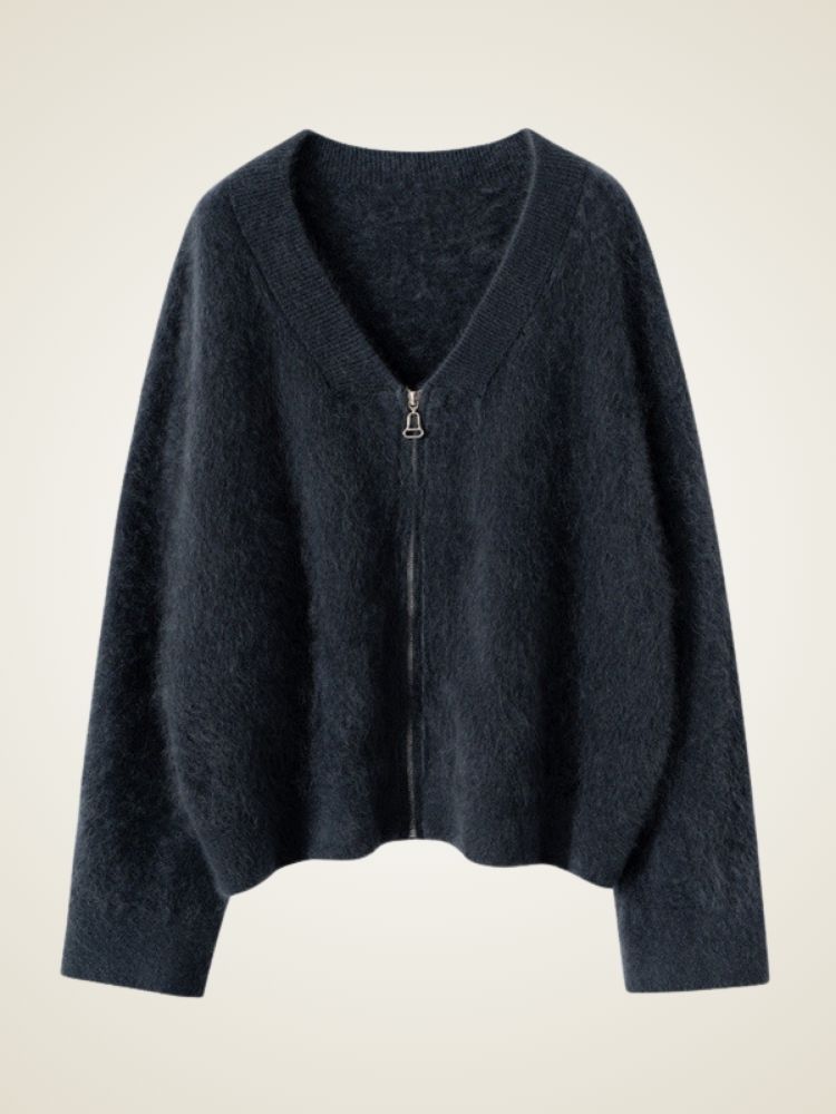 Neyla - Dark Gray Zip-Up Cashmere Cardigan | The Cashmere Studio