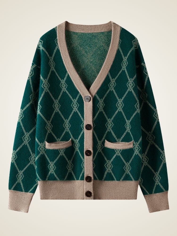 Ninette - Dark Green Diamond Knit Pattern Cashmere Cardigan | The Cashmere Studio