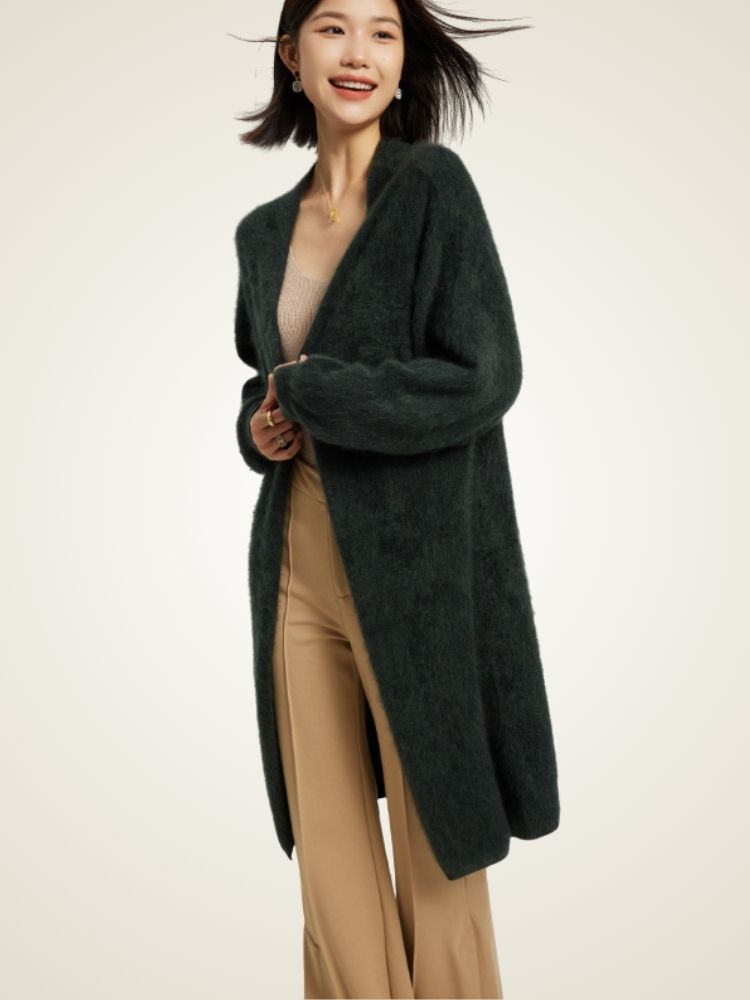 Jisel - Dark Green Long Brushed Cashmere Cardigan | The Cashmere Studio