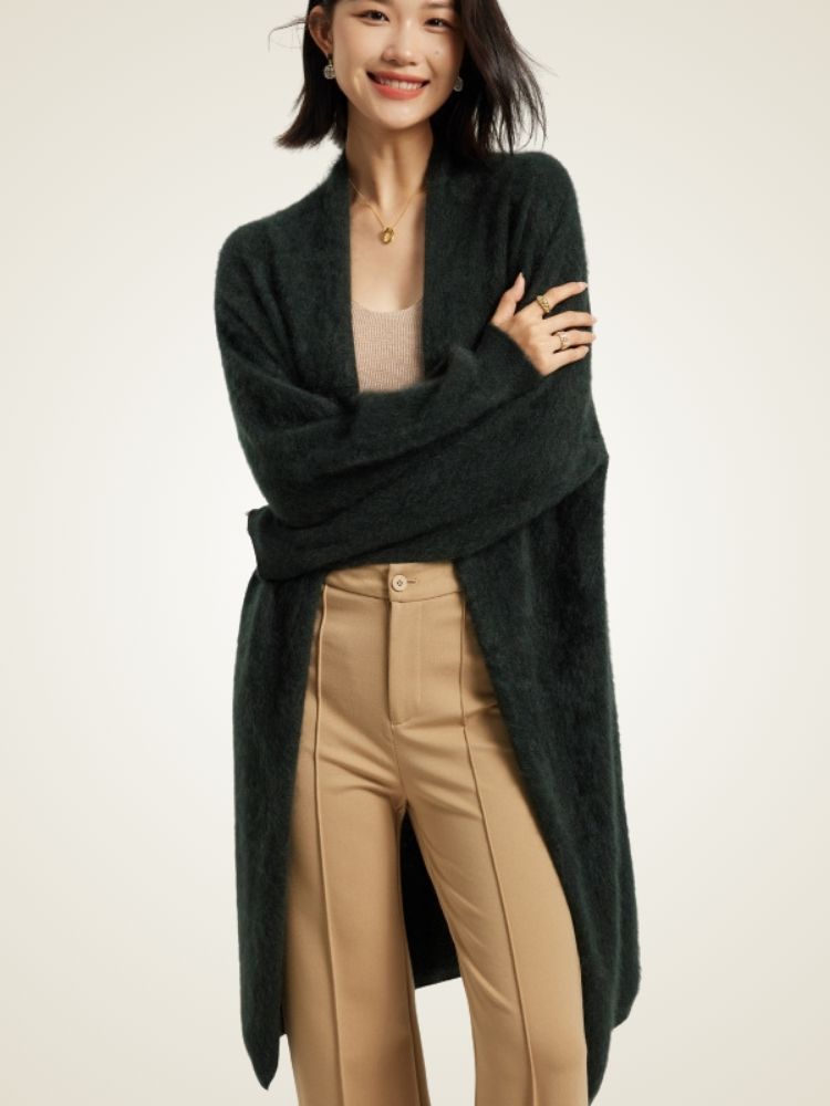 Jisel - Dark Green Long Brushed Cashmere Cardigan | The Cashmere Studio