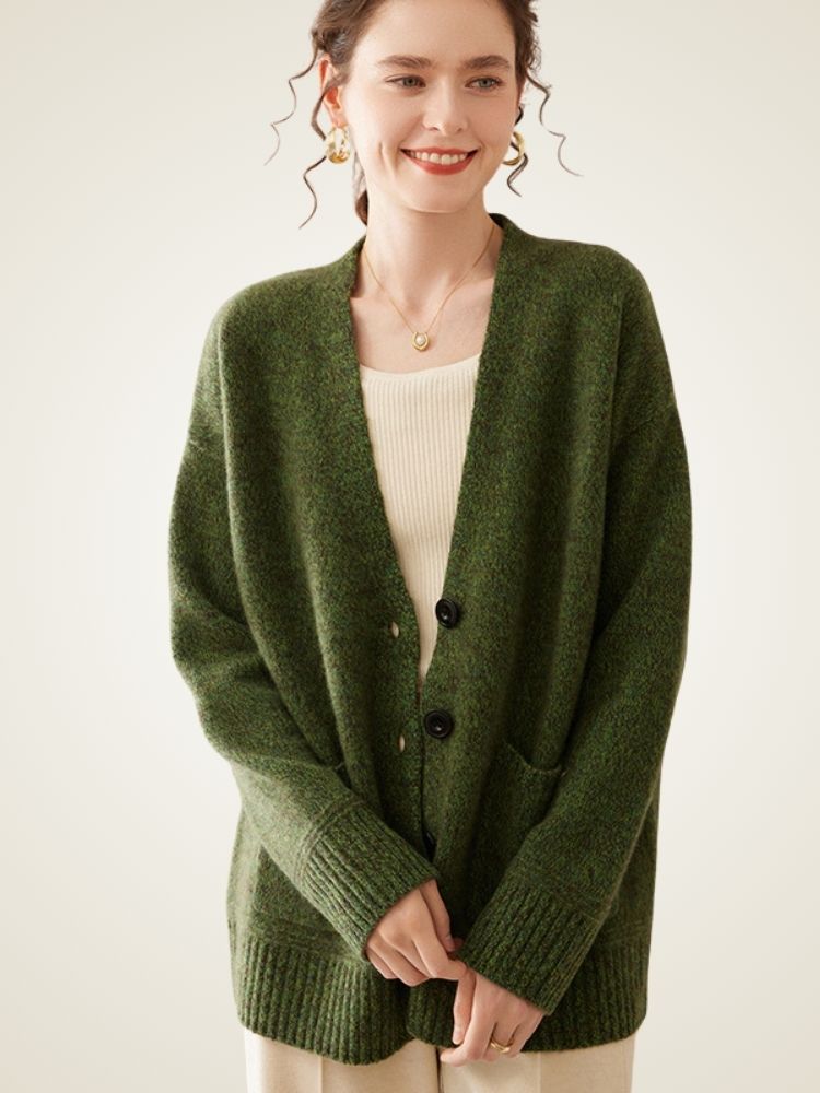 Miris - Dark Green Textured Knit Cashmere Cardigan | The Cashmere Studio