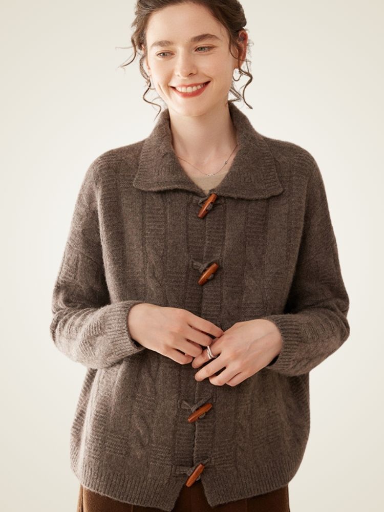 Romelda - Dark Taupe Cable Knit Cashmere Cardigan | The Cashmere Studio