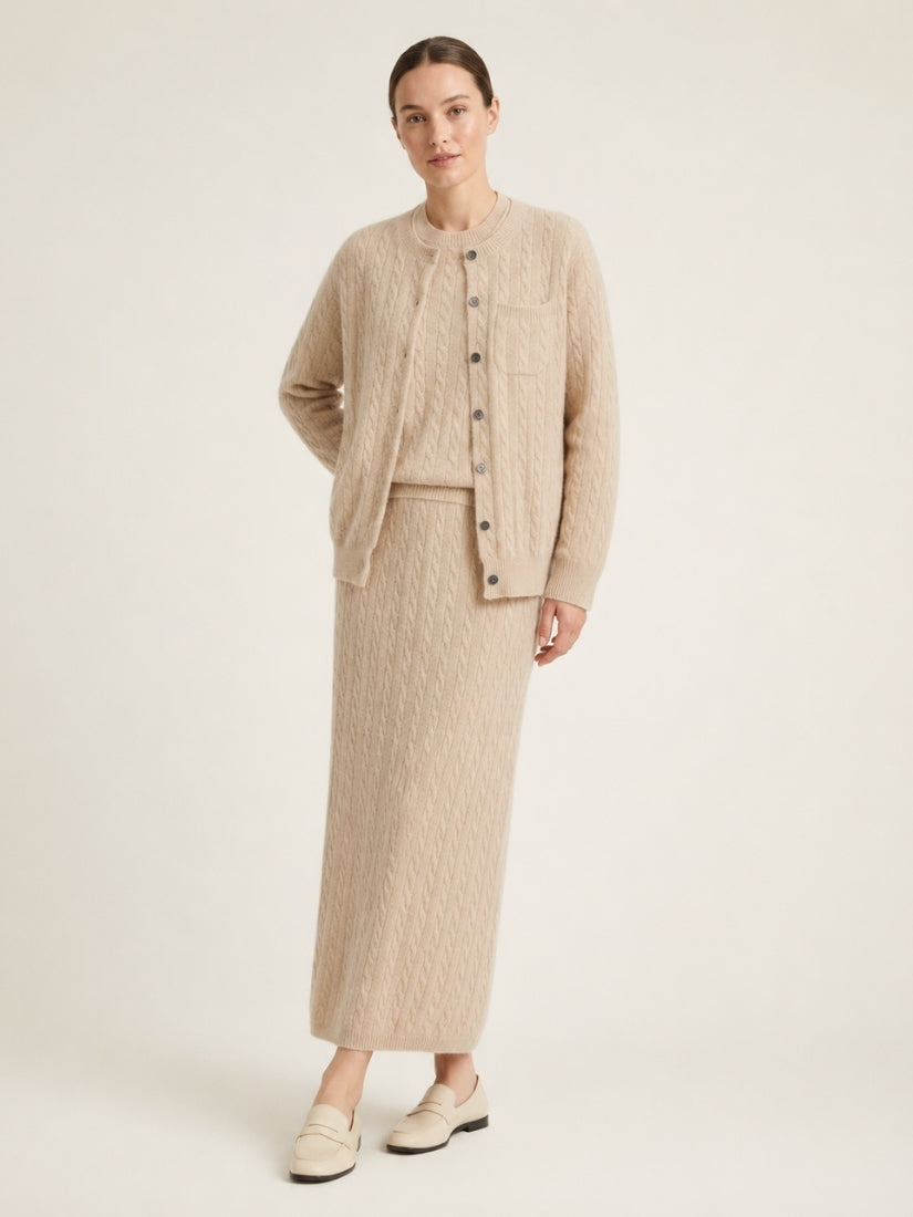 Daryssa — Beige Cable Knit Cashmere Set | The Cashmere Studio