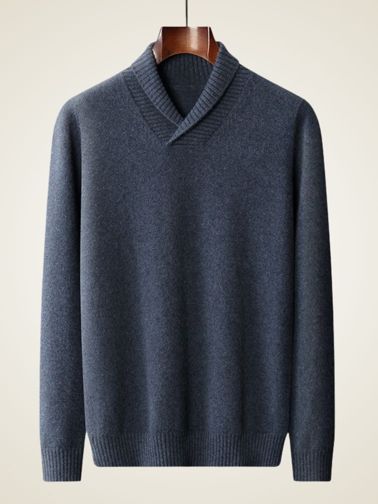 Adrian - Deep Blue Shawl Collar Cashmere Sweater | The Cashmere Studio