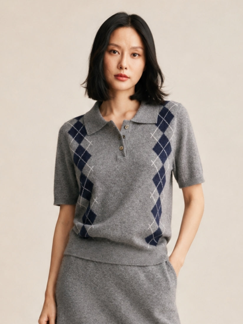Delyssa — Deep Smoke Gray Argyle Cashmere Top | The Cashmere Studio
