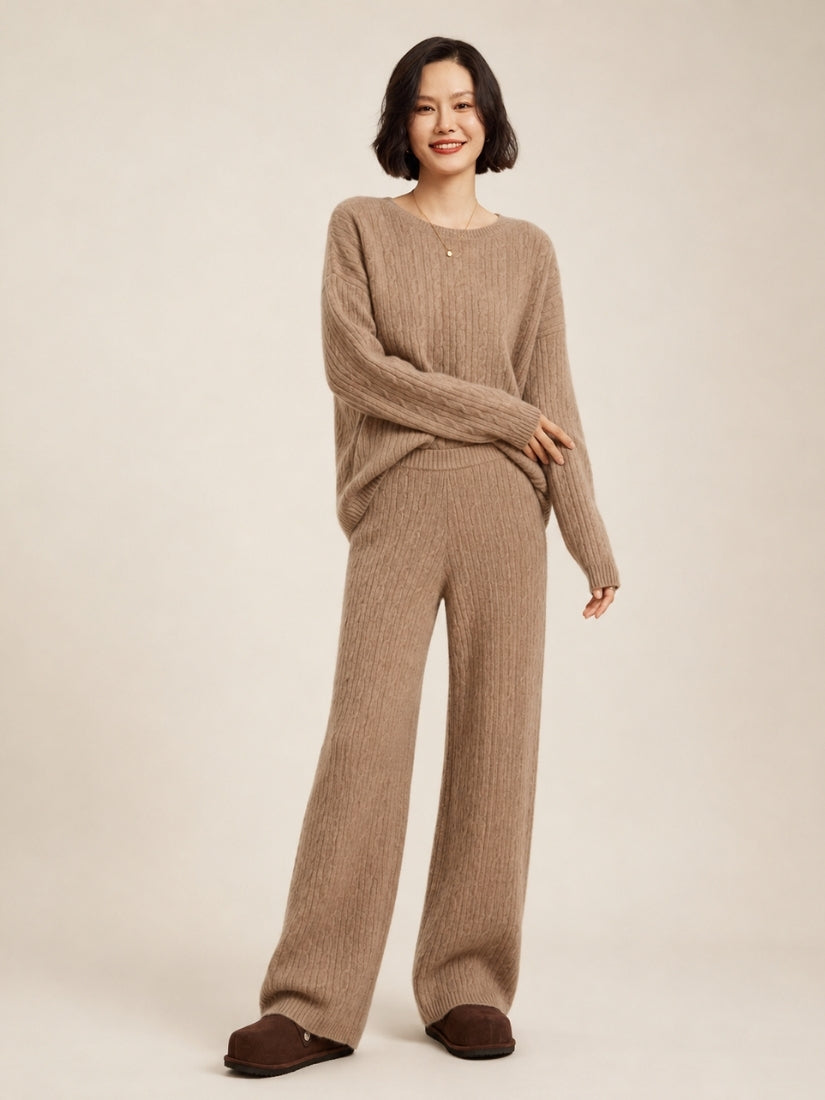 Emirelda - Taupe Cable-Knit Cashmere Set | The Cashmere Studio