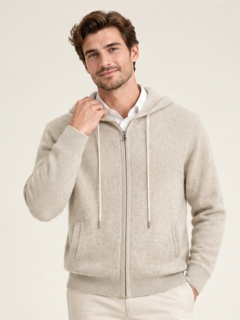 Evron — Light Gray Waffle-Knit Hooded Cashmere Cardigan | The Cashmere Studio