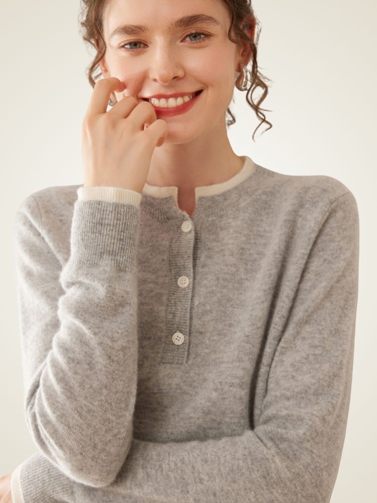 Zephara - Gray Classic Cashmere Henley Sweater | The Cashmere Studio