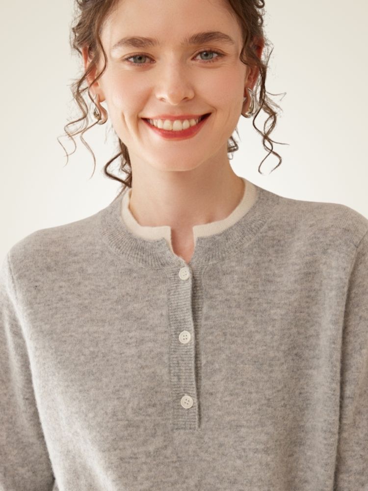 Zephara - Gray Classic Cashmere Henley Sweater | The Cashmere Studio