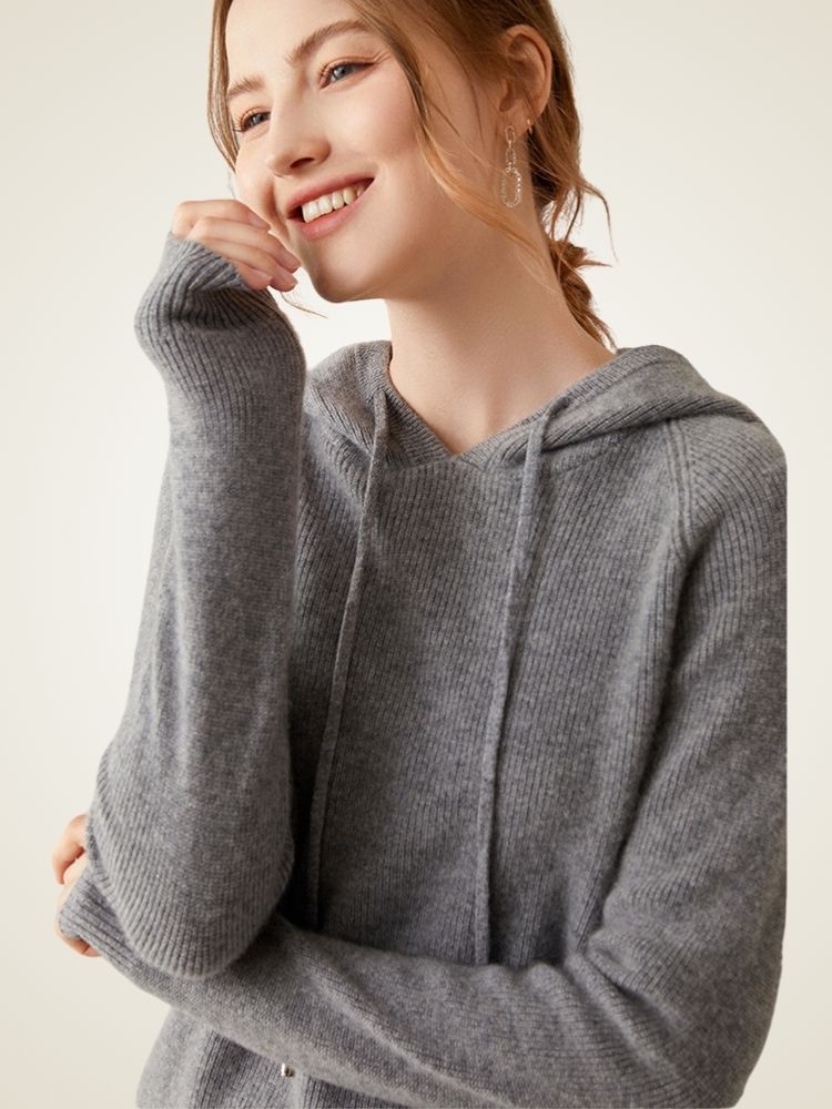 Colleen - Gray Ribbed Cashmere Hoodie | The Cashmere Studio