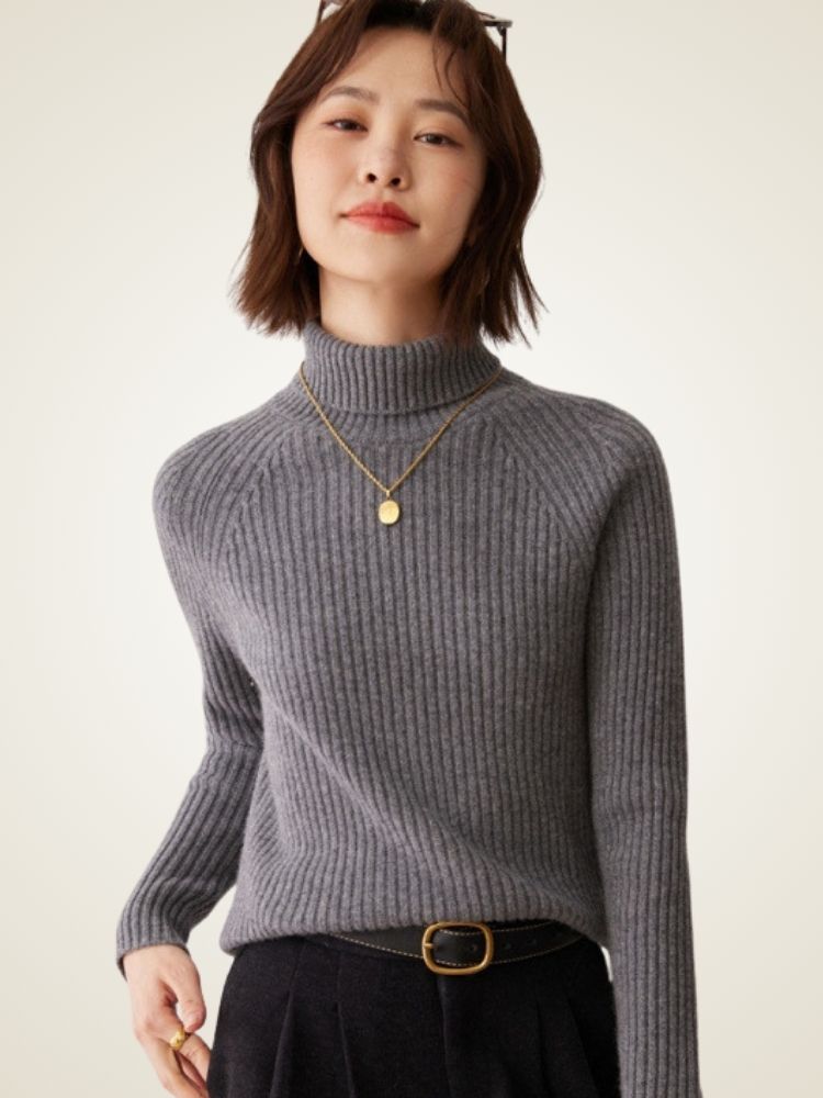 Loretta - Gray Ribbed Cashmere Turtleneck | The Cashmere Studio