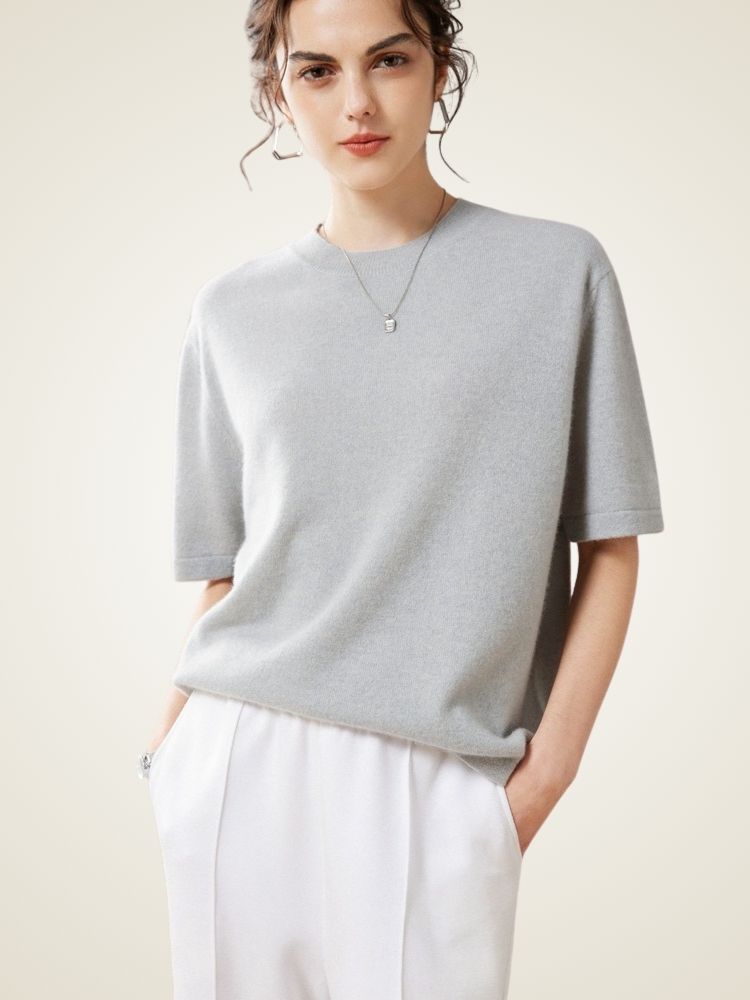 Jisel - Gray Short-Sleeve Cashmere Top | The Cashmere Studio