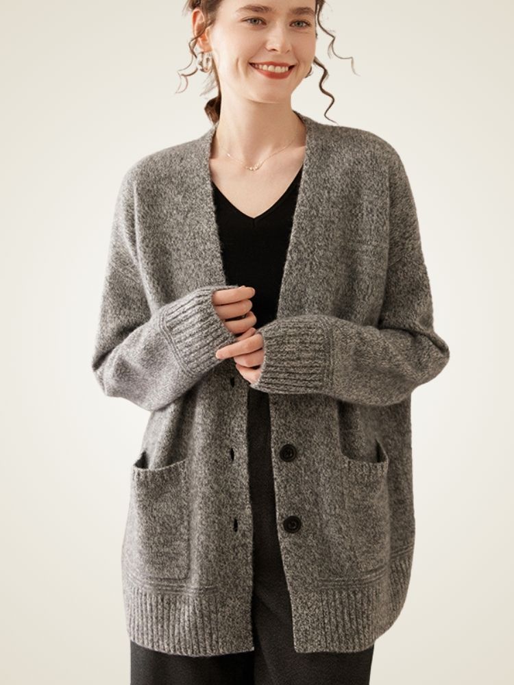 Miris - Gray Textured Knit Cashmere Cardigan | The Cashmere Studio