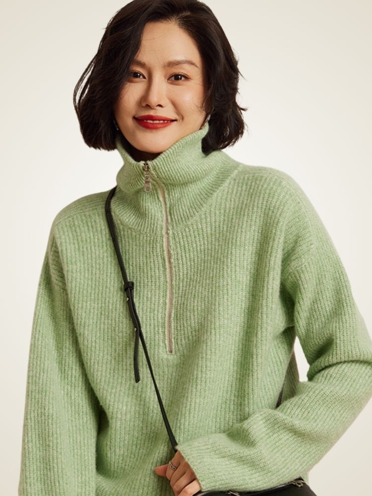 Reina - Green Half-Zip Cashmere Sweater | The Cashmere Studio