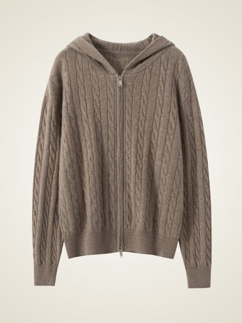Iserelle - Taupe Cashmere Cable-Knit Hoodie | The Cashmere Studio
