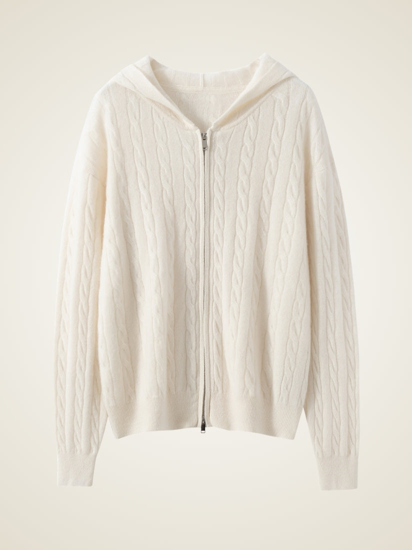 Iserelle - Ivory Cashmere Cable-Knit Hoodie | The Cashmere Studio