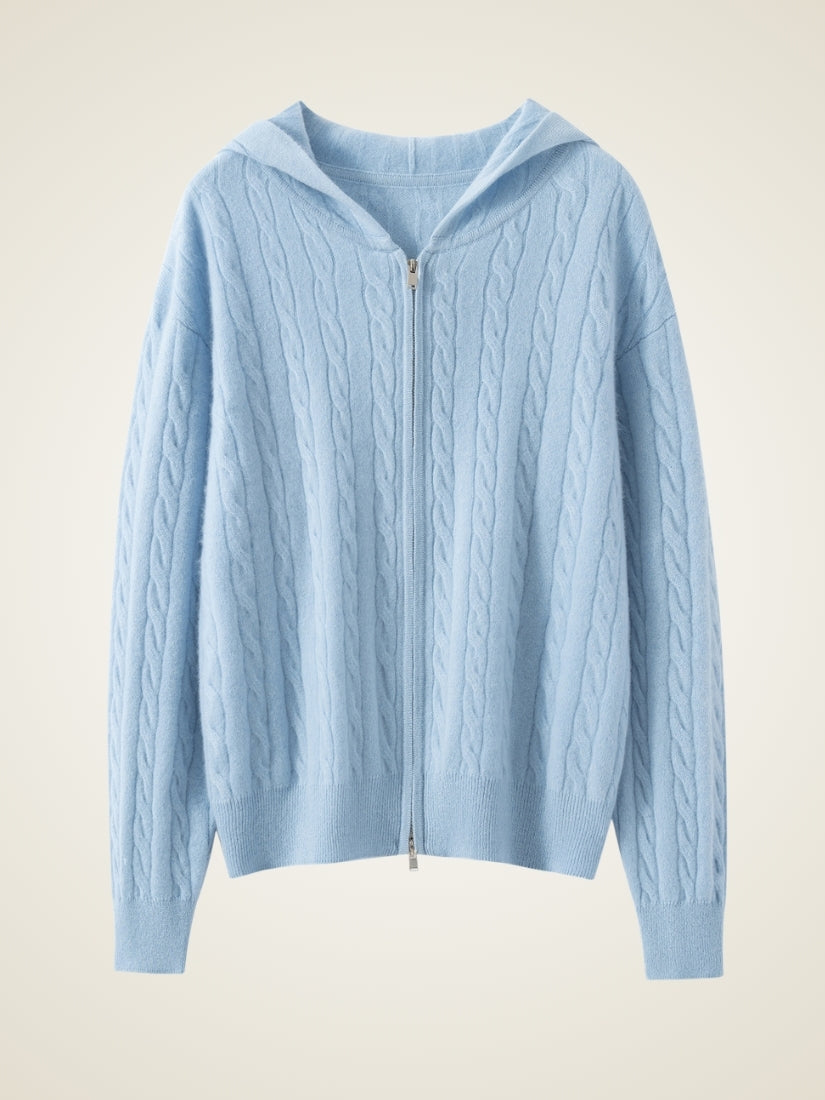 Iserelle - Light Blue Cashmere Cable-Knit Hoodie | The Cashmere Studio
