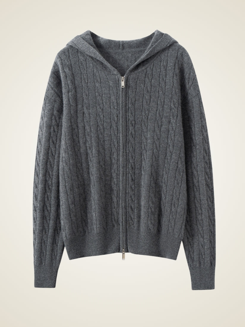 Iserelle - Dark Gray Cashmere Cable-Knit Hoodie | The Cashmere Studio