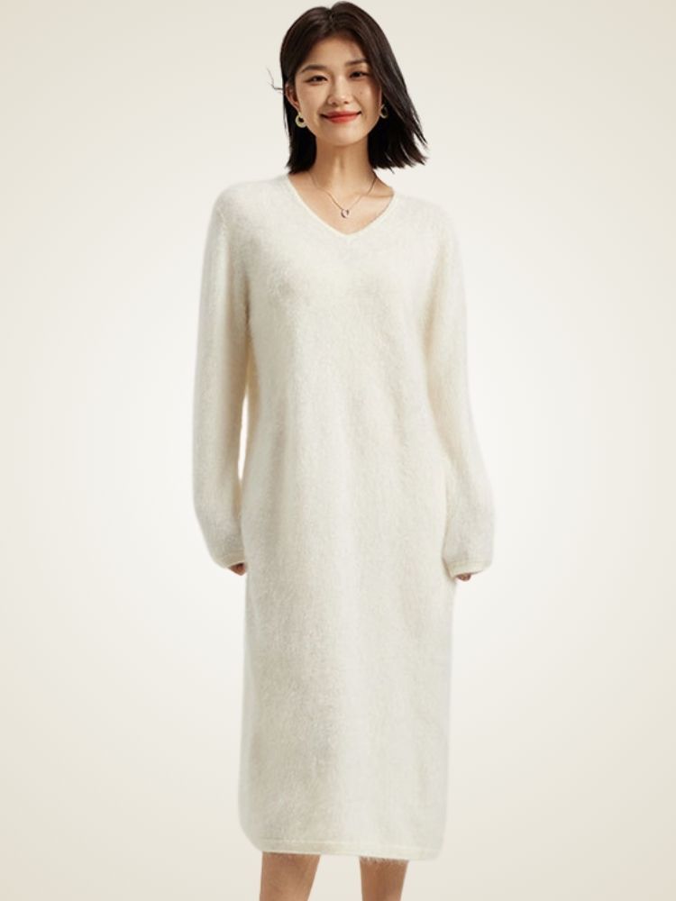 Melodie - Ivory Brushed Cashmere Dress | The Cashmere Studio