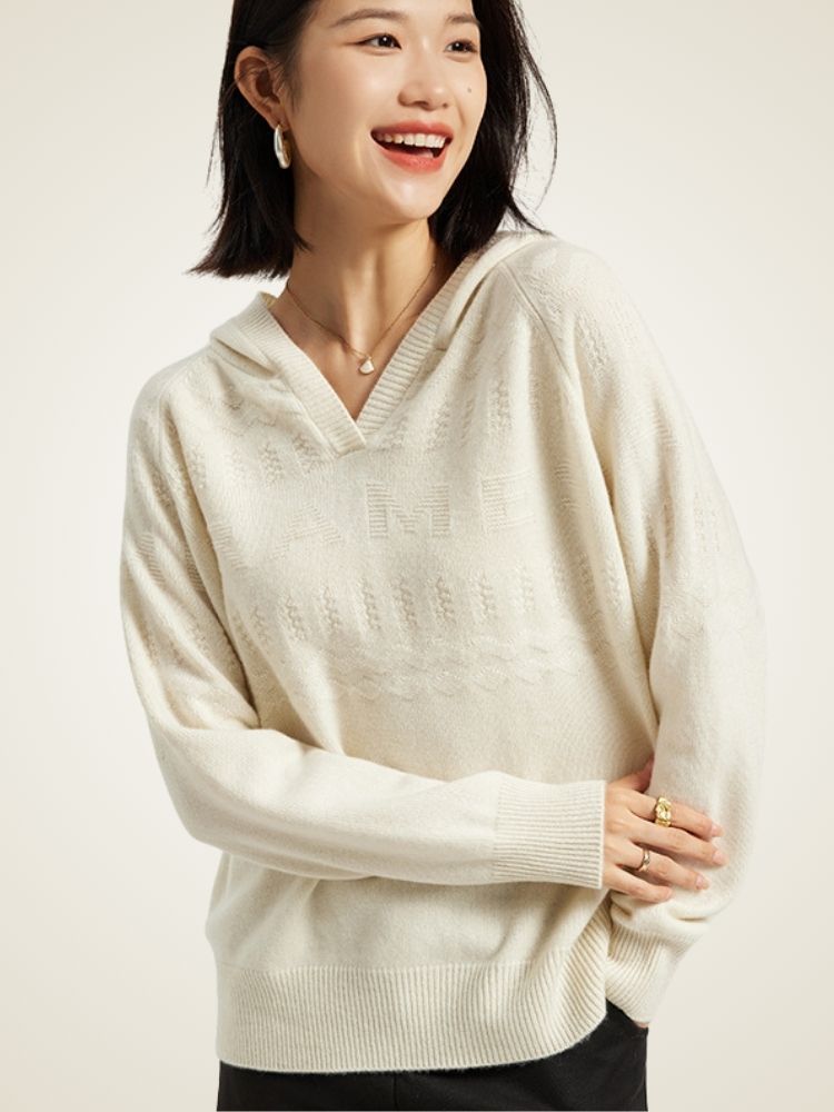 Zylia - Ivory V-Neck Cashmere Hoodie | The Cashmere Studio
