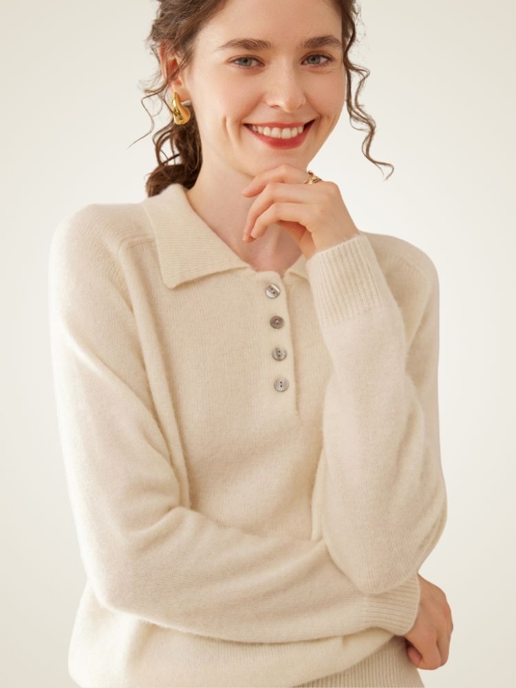 Estelara - Ivory Cashmere Polo Sweater |  The Cashmere Studio