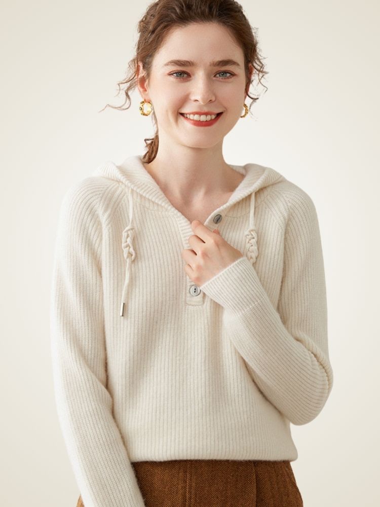 Analina - Ivory Buttoned Cashmere Hoodie | The Cashmere Studio